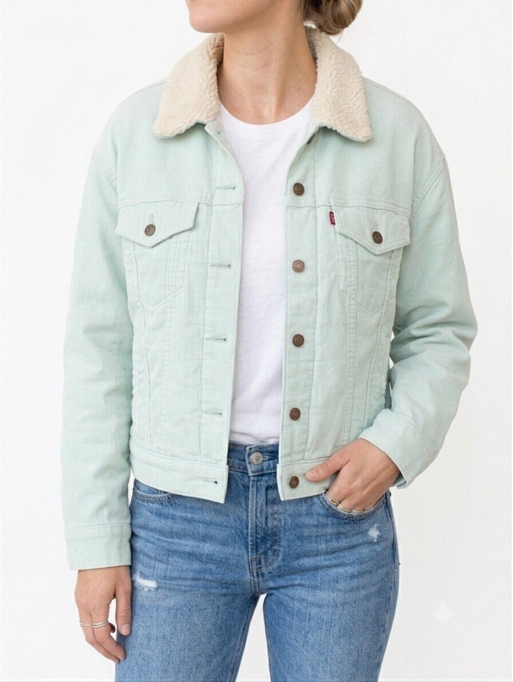Levi's Corduroy Sherpa Collar Trucker Jacket Mint Green Large